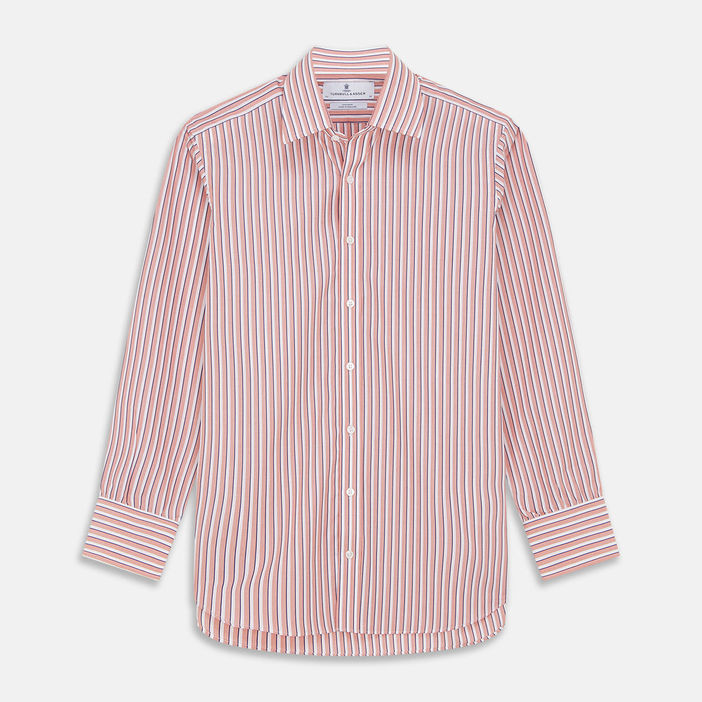 The Turnbull & Asser Orange and White Stripe Cotton Regular Fit Mayfair Shirt features vertical stripes, a classic collar, and buttoned cuffs—an essential men’s wardrobe piece, shown laid flat on a white background.