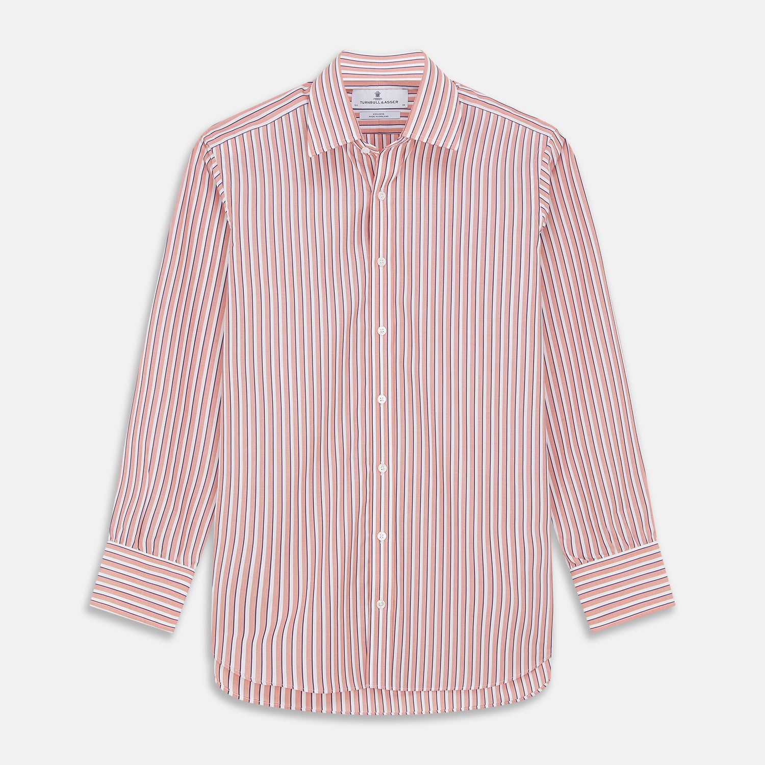 View 1 of product The Turnbull & Asser Orange and White Stripe Cotton Regular Fit Mayfair Shirt features vertical stripes, a classic collar, and buttoned cuffs—an essential men’s wardrobe piece, shown laid flat on a white background.