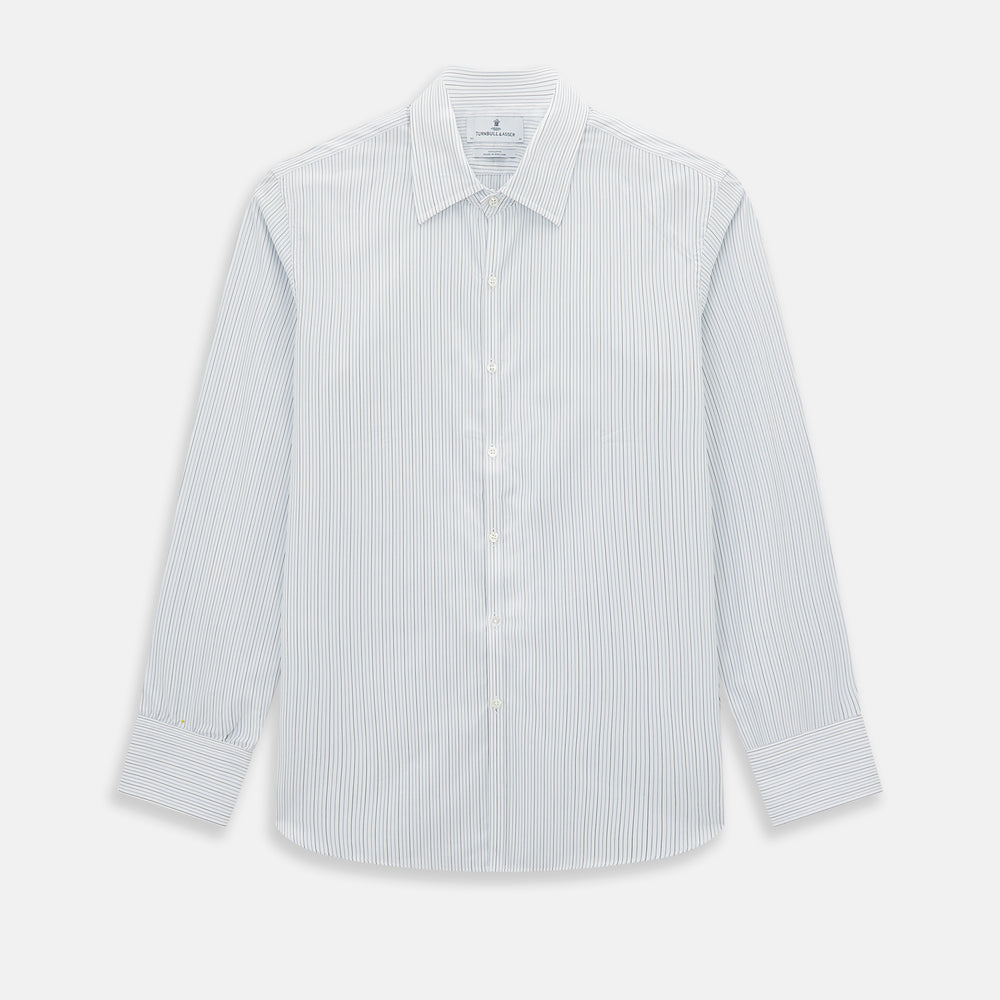 The Turnbull & Asser Pale Blue and Navy Pinstripe Westminster Shirt features long sleeves, a classic collar, and buttoned cuffs, highlighting British craftsmanship. The shirt is laid flat on a white background.