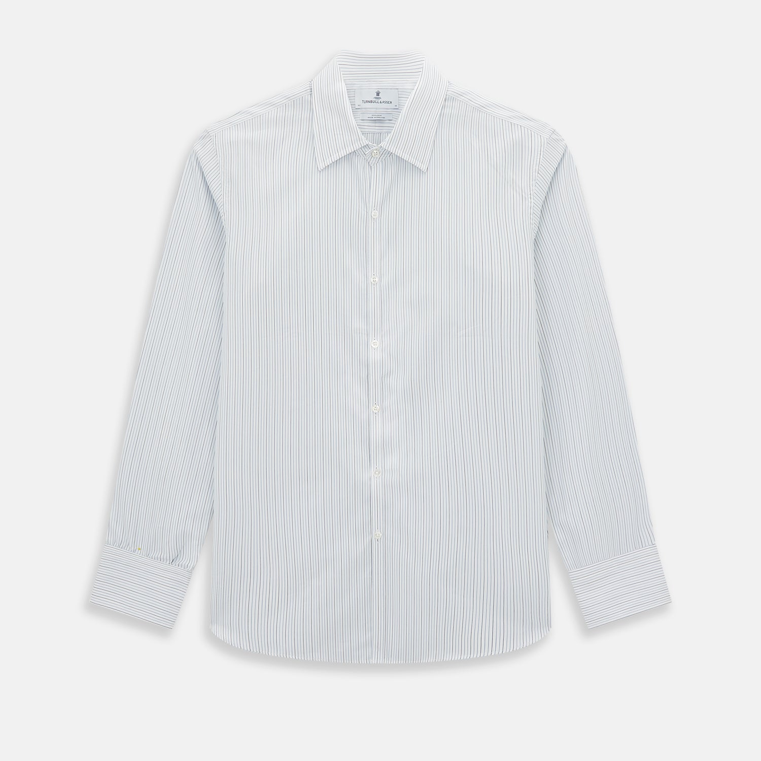 View 1 of product The Turnbull & Asser Pale Blue and Navy Pinstripe Westminster Shirt features long sleeves, a classic collar, and buttoned cuffs, highlighting British craftsmanship. The shirt is laid flat on a white background.