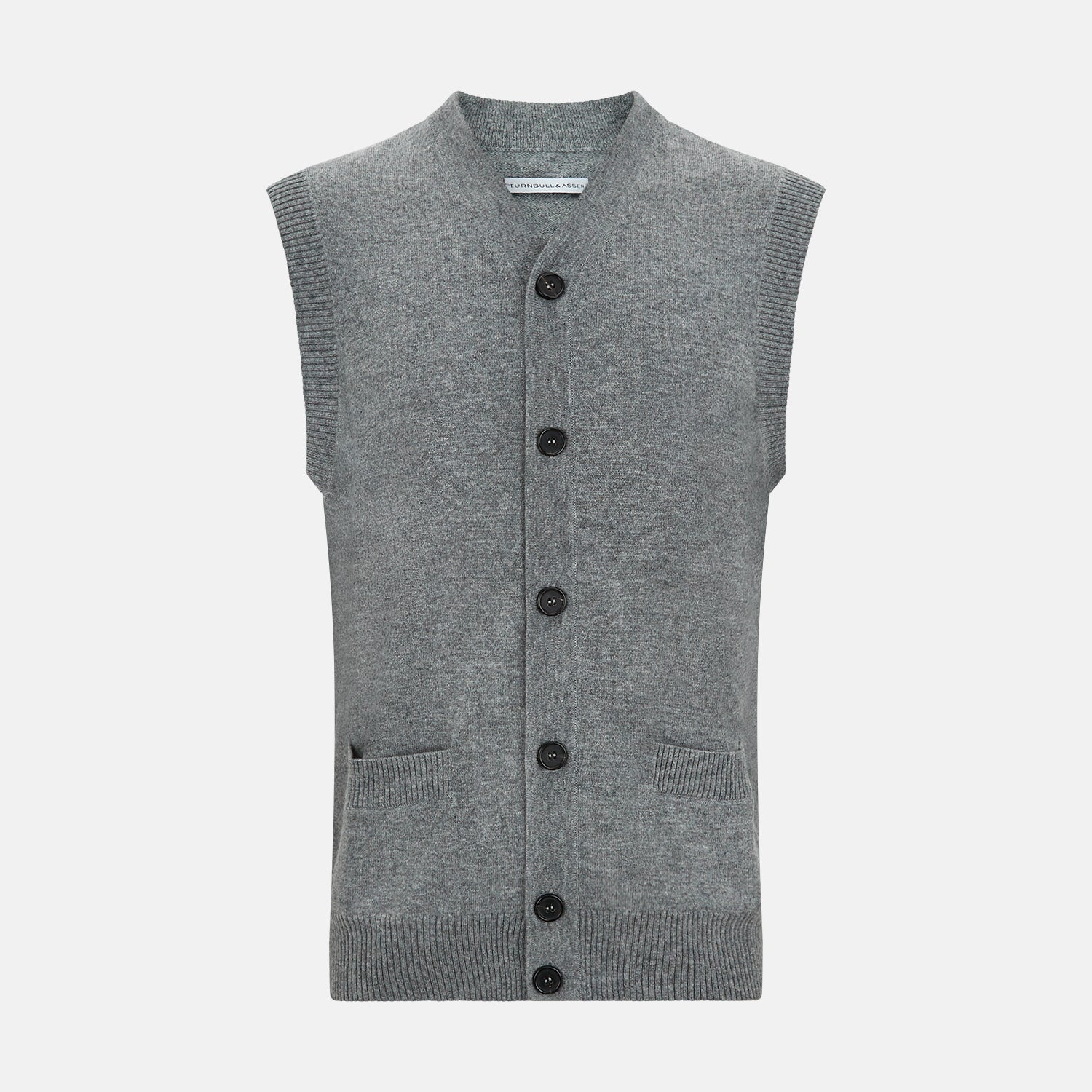 View 1 of product The Turnbull & Asser Ash Grey V-neck Sleeveless Cardigan features a button-up front, two front pockets, and ribbed edges, shown against a plain white background.