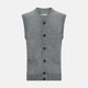 The Turnbull & Asser Ash Grey V-neck Sleeveless Cardigan features a button-up front, two front pockets, and ribbed edges, shown against a plain white background.