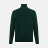View 3 of product The Turnbull & Asser Forest Green Half-Zip Cashmere Jumper features a long-sleeve design and high collar with a sleek half-zip front, shown against a plain white background.
