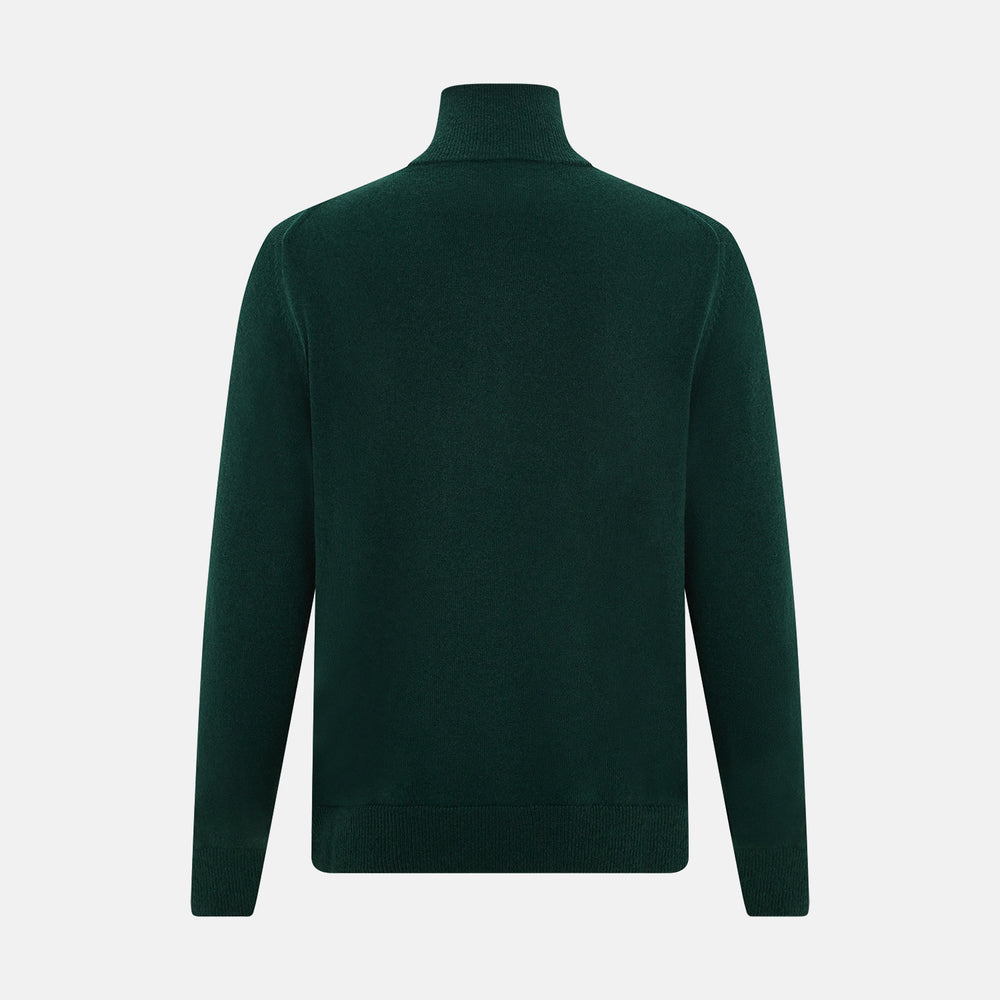 The Turnbull & Asser Forest Green Half-Zip Cashmere Jumper features a long-sleeve design and high collar with a sleek half-zip front, shown against a plain white background.