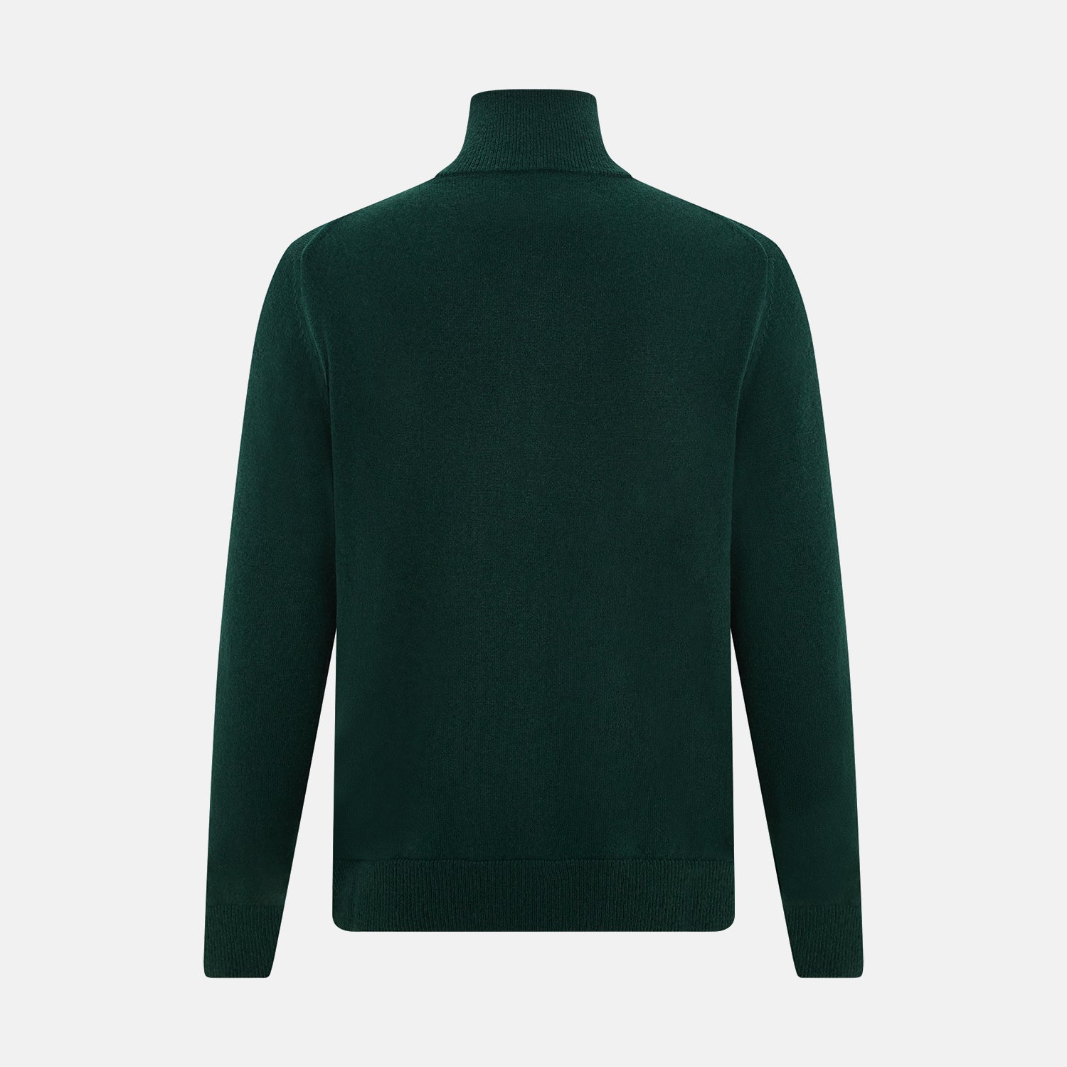 View 3 of product The Turnbull & Asser Forest Green Half-Zip Cashmere Jumper features a long-sleeve design and high collar with a sleek half-zip front, shown against a plain white background.