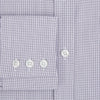 View 4 of product The Turnbull & Asser Purple Micro Check Mayfair Shirt features long sleeves, button-up front, pointed collar, and buttoned cuffs in a subtle lilac and white check, exemplifying British craftsmanship and displayed on a white background.