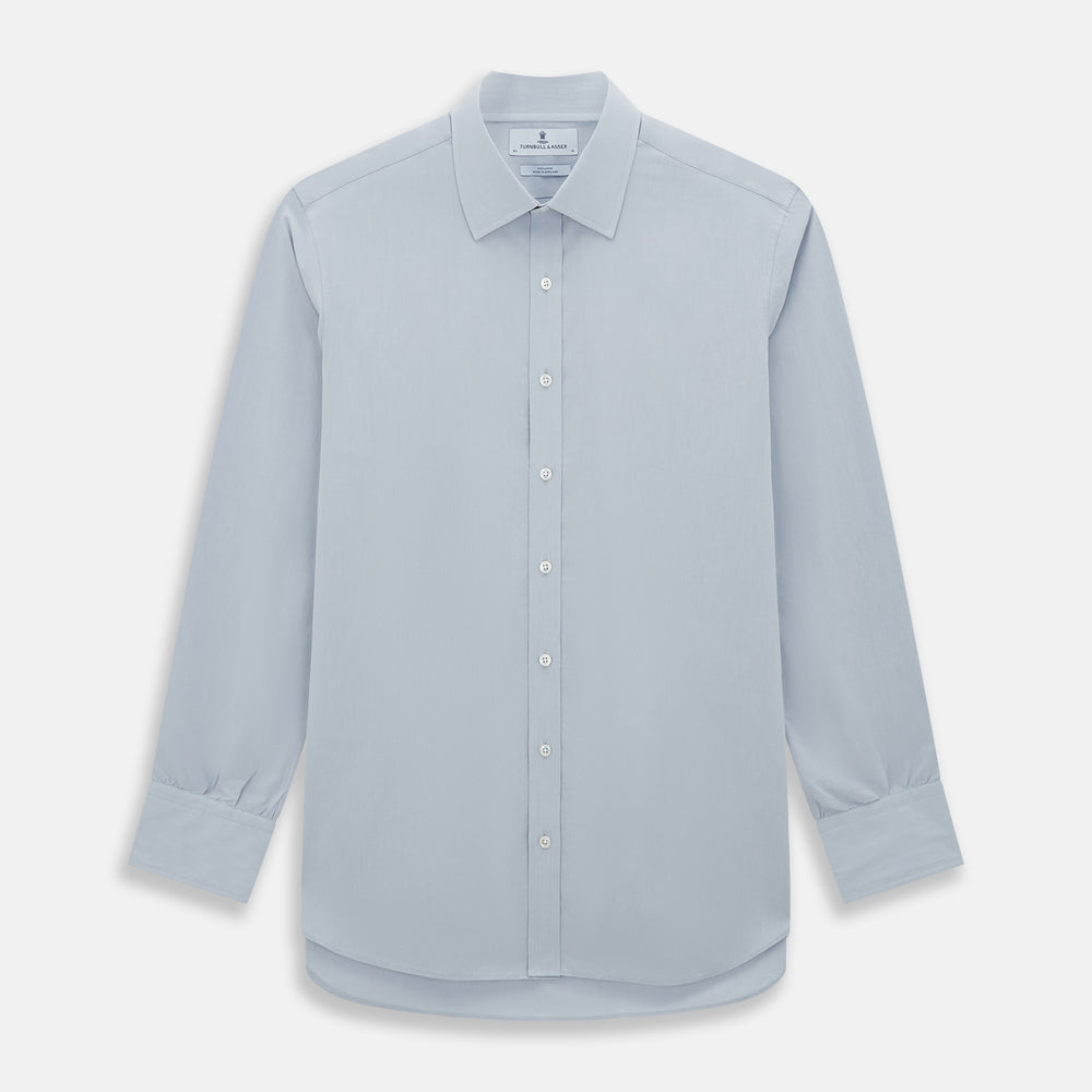 The Dove Grey Mayfair Shirt by Turnbull & Asser is a long-sleeve button-up with a collar, front pocket, and white buttons, crafted from soft sanforised cotton and laid flat on a white background.