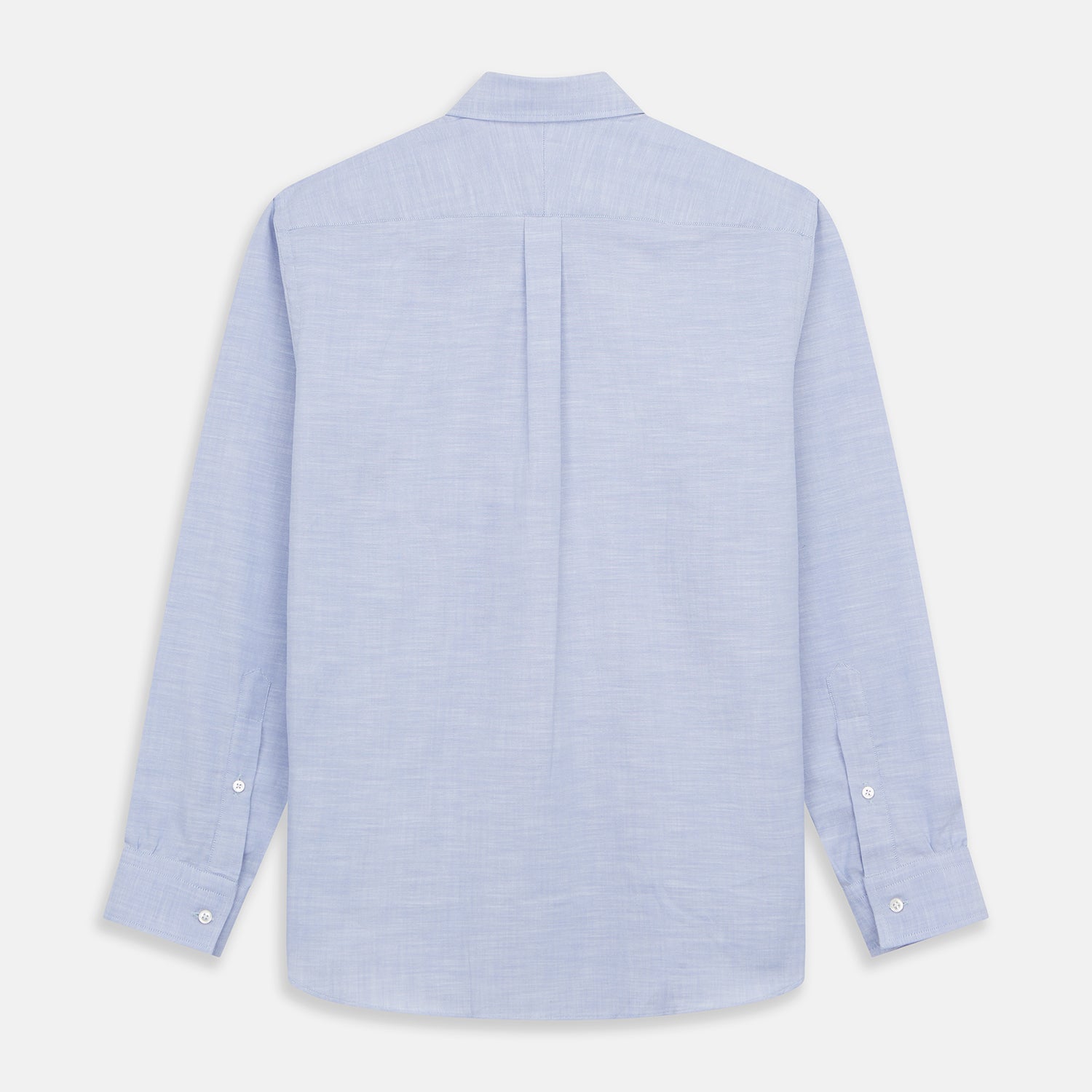 View 3 of product The Turnbull & Asser Pale Blue Weekend Fit Hayne Shirt features a Dorset collar, white buttons, and 1-button cuffs. This casual, long-sleeve button-down is displayed laid flat on a white background.