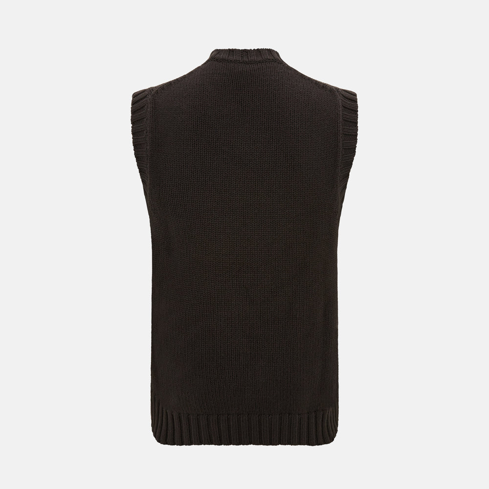The Brown Merino V-Neck Sleeveless Cardigan by Turnbull & Asser features ribbed edges, front pockets, and a button-up front—ideal as an elegant light layer. Shown against a plain white background.