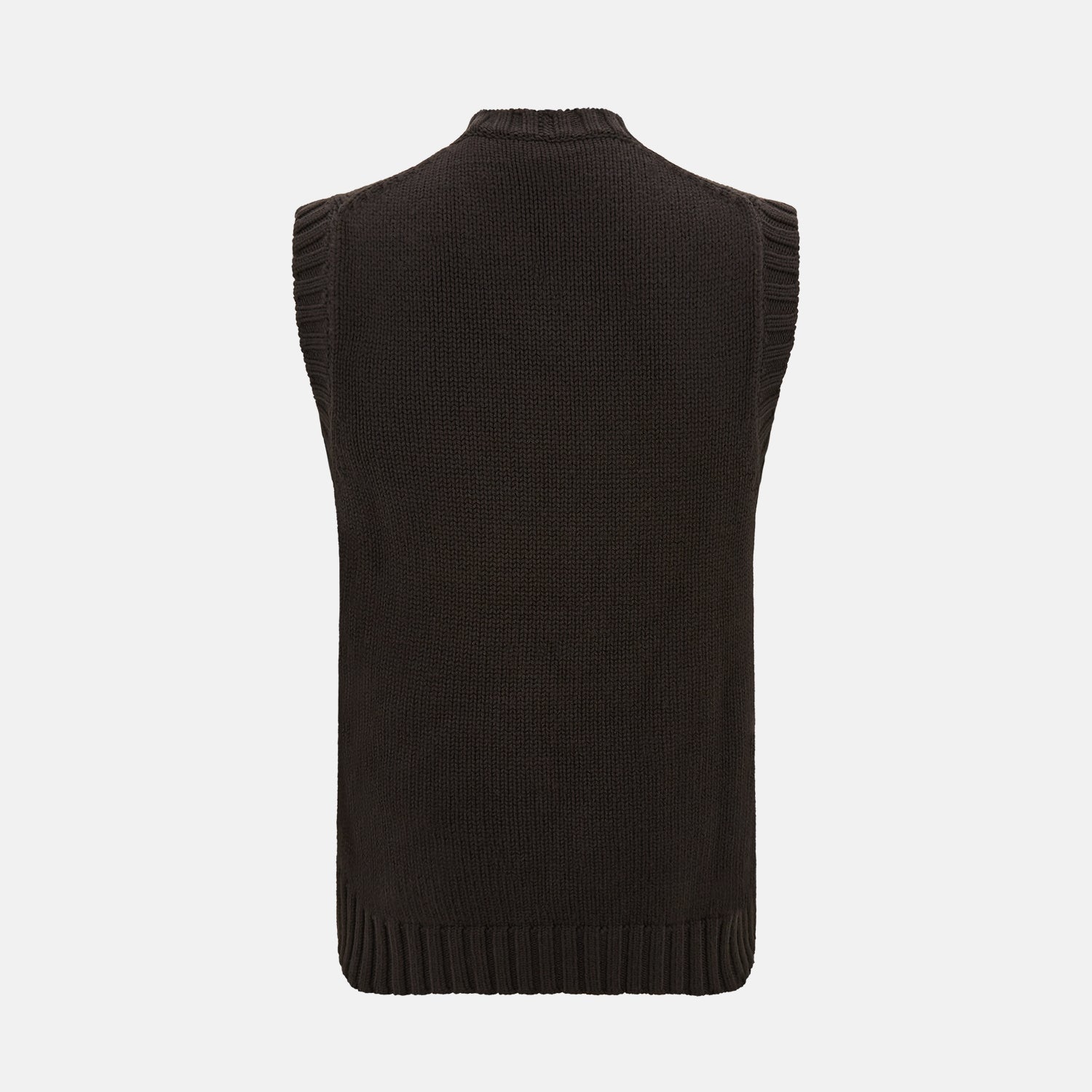 View 3 of product The Brown Merino V-Neck Sleeveless Cardigan by Turnbull & Asser features ribbed edges, front pockets, and a button-up front—ideal as an elegant light layer. Shown against a plain white background.