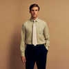 View 3 of product The Turnbull & Asser Soft Green Cashmerello Weekend Fit Finch Shirt features a Derby collar, long sleeves, chest pocket, white buttons, and cuffs. Laid flat on a white background.