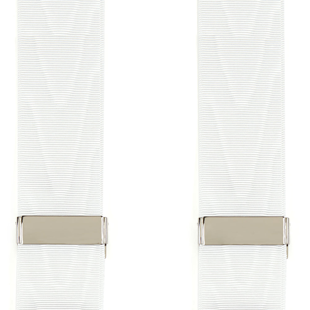 Turnbull & Asser White Adjustable Formal Braces with silver buckles and split leather ends, made in England, displayed on a light gray background.
