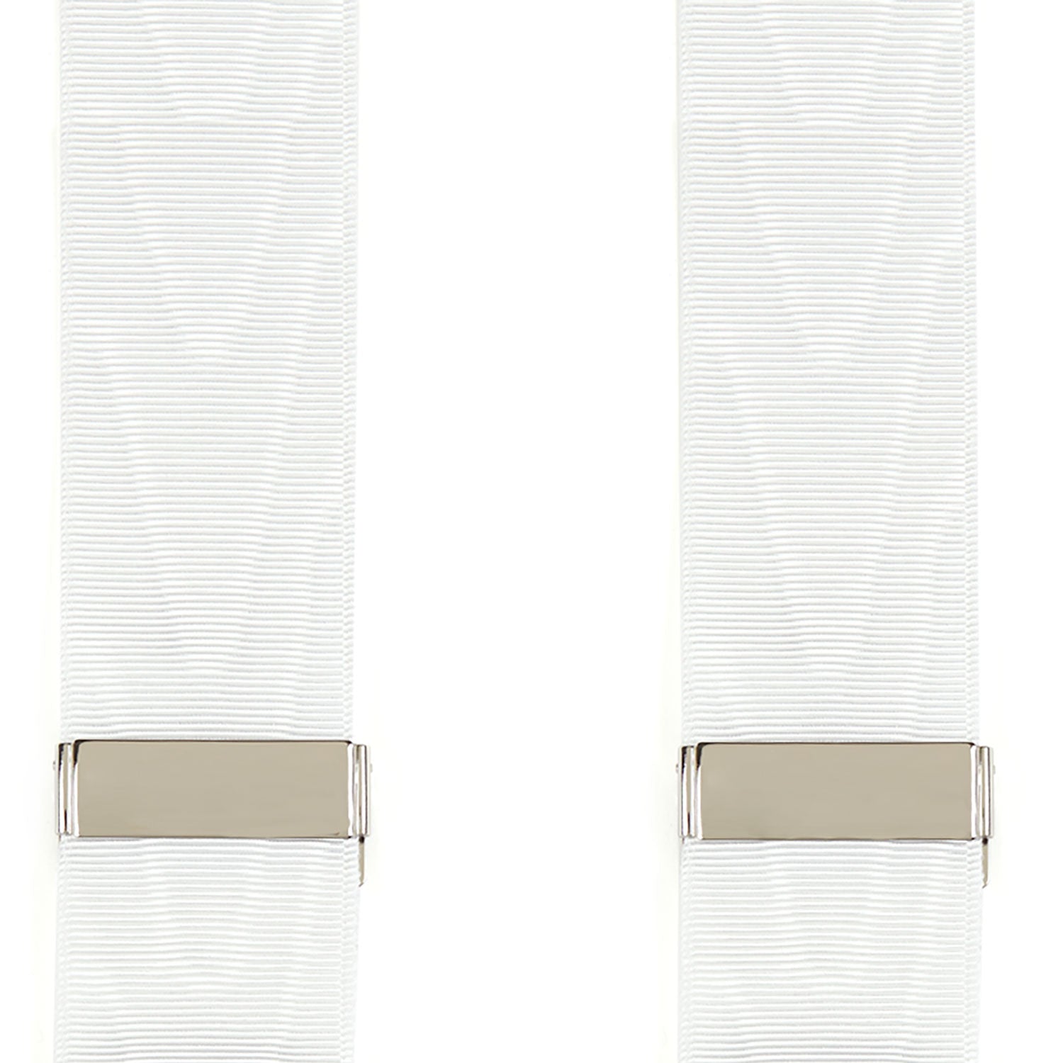View 2 of product Turnbull & Asser White Adjustable Formal Braces with silver buckles and split leather ends, made in England, displayed on a light gray background.