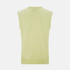 View 3 of product The Turnbull & Asser Melon Green V-neck Cashmere Vest features a ribbed hem and sleeveless design, ideal for a distinguished look. Presented against a plain white background.