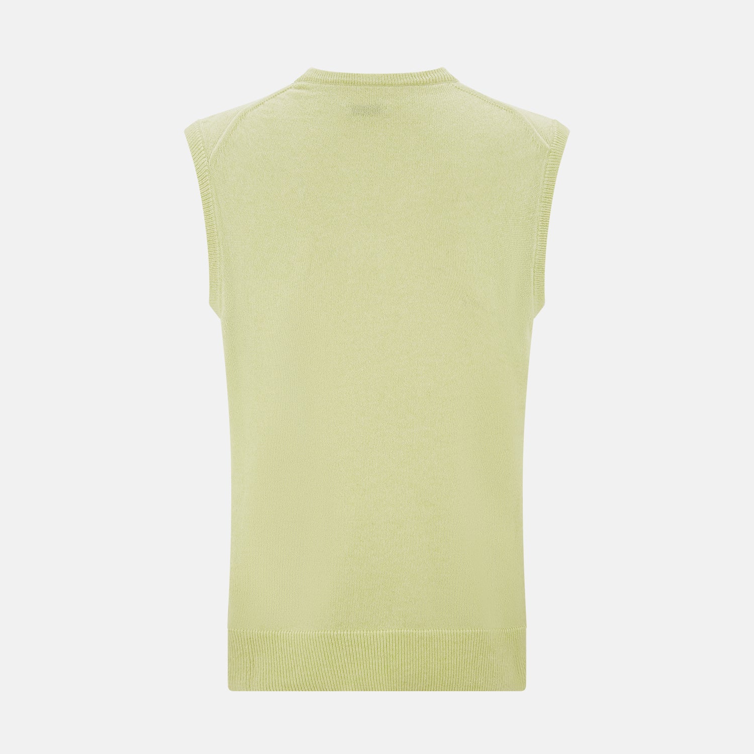 View 3 of product The Turnbull & Asser Melon Green V-neck Cashmere Vest features a ribbed hem and sleeveless design, ideal for a distinguished look. Presented against a plain white background.