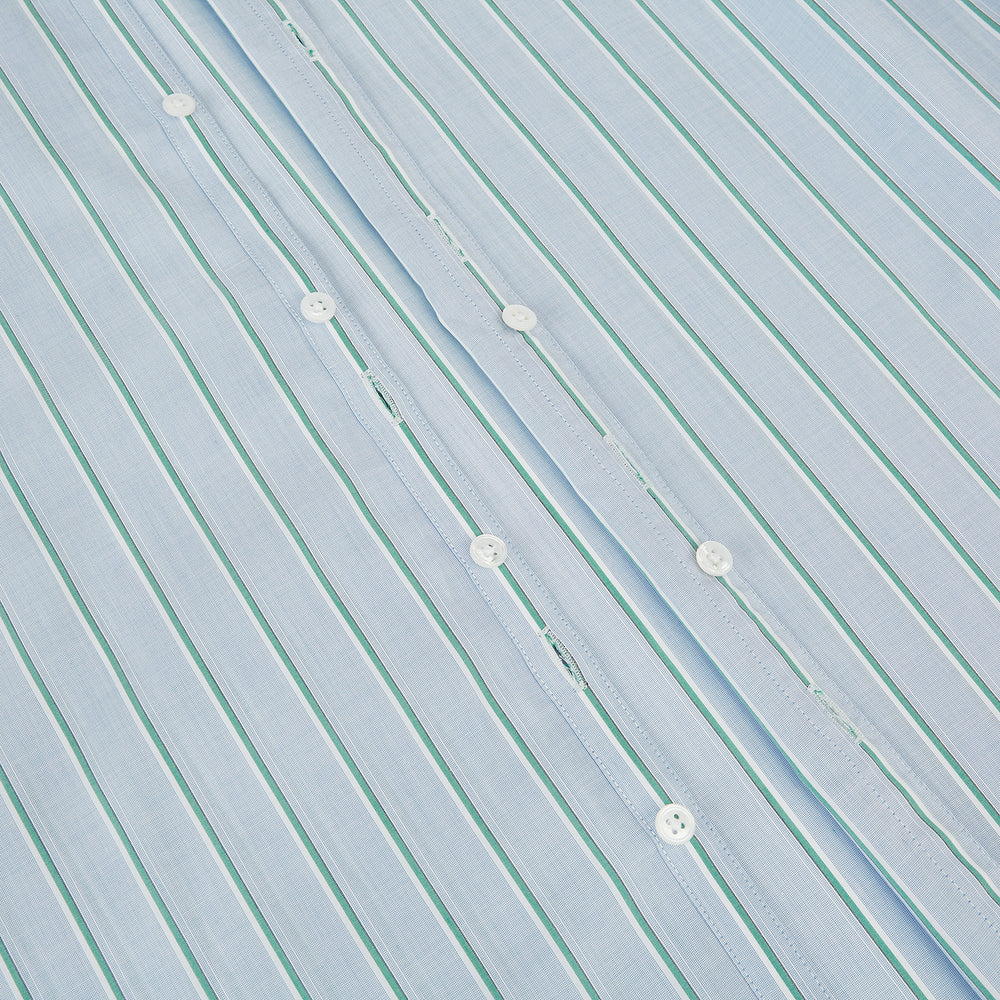 Blue and green multi-stripe Westminster shirt by Turnbull & Asser, featuring a pointed collar and buttoned cuffs—a refined example of British craftsmanship on a plain white background.