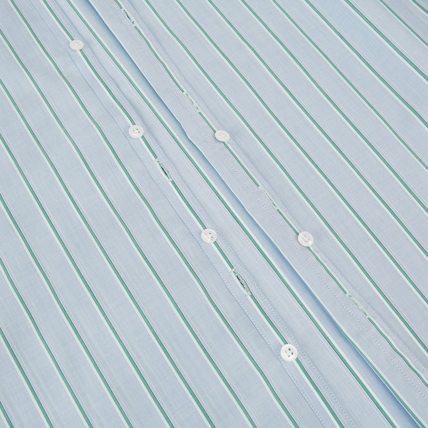 View 7 of product Blue and green multi-stripe Westminster shirt by Turnbull & Asser, featuring a pointed collar and buttoned cuffs—a refined example of British craftsmanship on a plain white background.