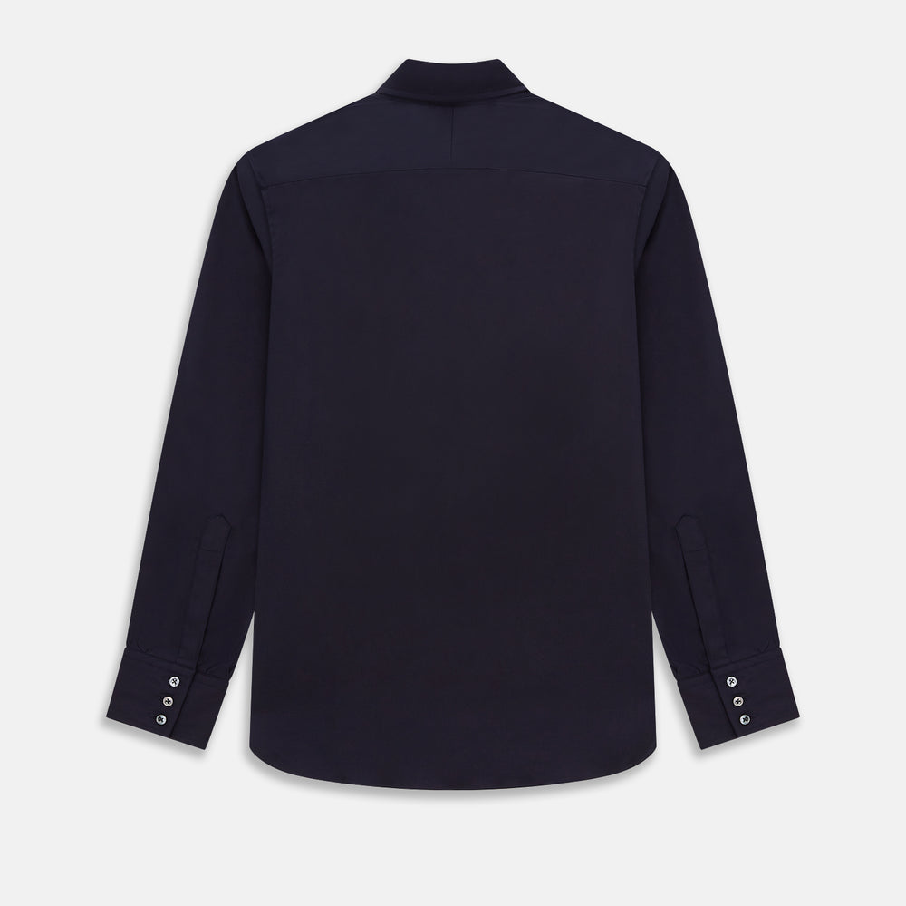 The Navy Twill Windsor Shirt by Turnbull & Asser features long sleeves, a button-up front, British craftsmanship, and a refined Windsor collar, shown in dark navy on a plain white background.