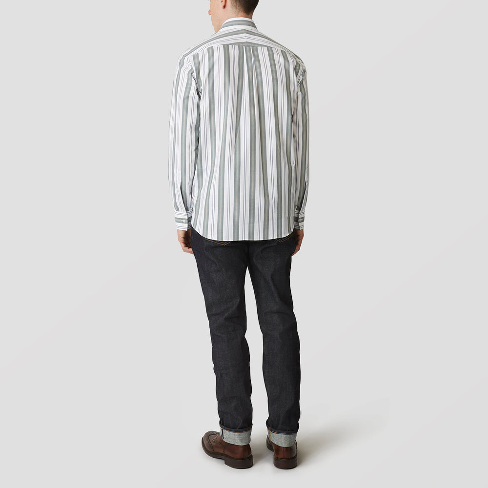 The Turnbull & Asser Green, Blue & White Stripe Weekend Fit Shirt features a Derby collar, 1-button cuffs, and chest pocket—ideal for stylish winter layering and classic sophistication.