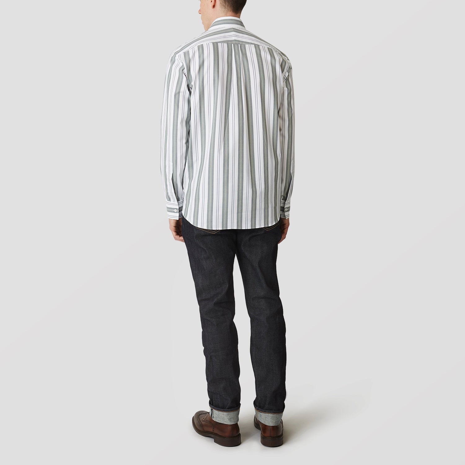View 3 of product The Turnbull & Asser Green, Blue & White Stripe Weekend Fit Shirt features a Derby collar, 1-button cuffs, and chest pocket—ideal for stylish winter layering and classic sophistication.
