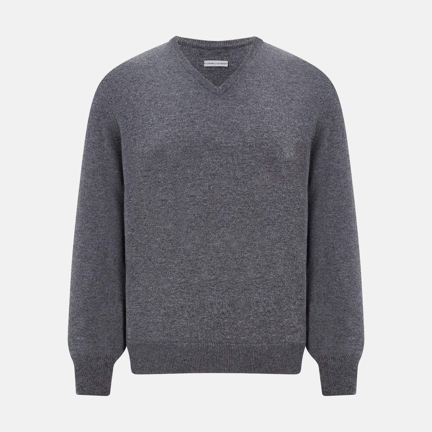 View 1 of product The Turnbull & Asser Storm Grey Cashmere V-neck Jumper features long sleeves, ribbed cuffs and hem—versatile knitwear shown on a white backdrop.
