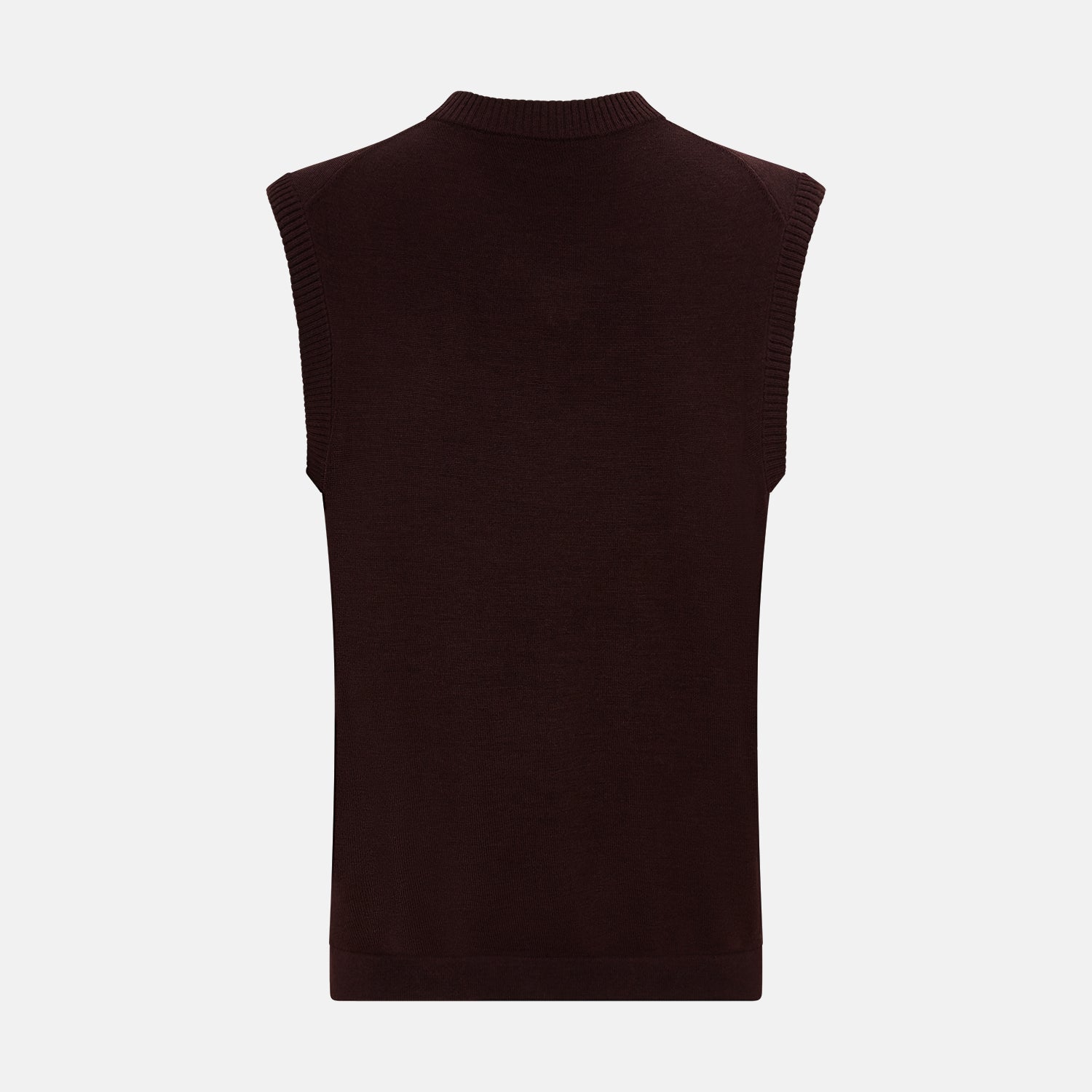 View 3 of product The Turnbull & Asser Burgundy Fine Merino V-Neck Vest is a sleeveless knitwear piece with ribbed trim at the neck, armholes, and hem, shown against a plain white background.