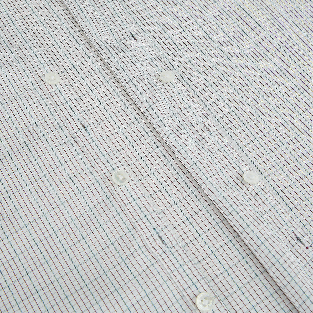 A long-sleeved, button-down BURGUNDY AND GREEN DOUBLE GRID CHECK WESTMINSTER SHIRT by Turnbull & Asser, featuring a classic collar and elegant check pattern—an outstanding piece of British craftsmanship.