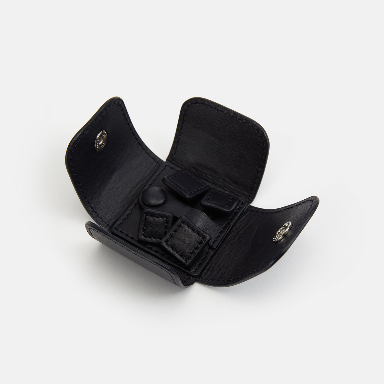 View 2 of product Navy Leather Cufflinks by Turnbull & Asser—Italian leather with square ends and braided stems, shown on a white background—a refined addition to men's accessories.