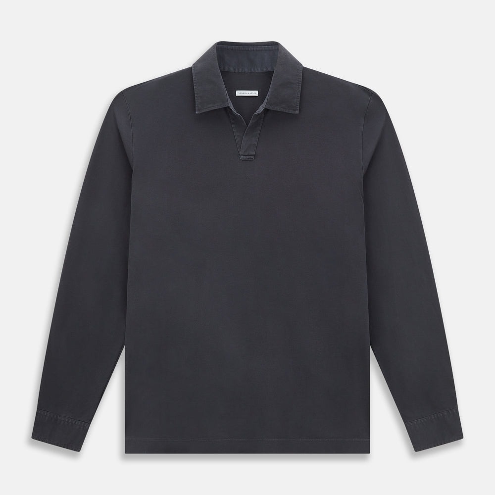 The Charcoal Rugby Polo Shirt by Turnbull & Asser is a pure cotton, long-sleeve polo in charcoal grey, featuring a collared open V-neck with no buttons, displayed flat on a white background.