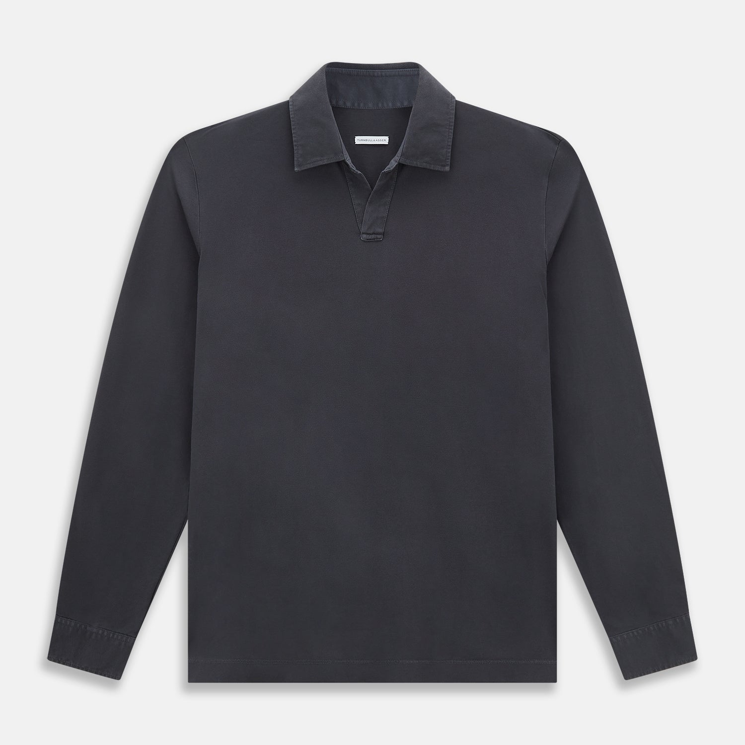 View 1 of product The Charcoal Rugby Polo Shirt by Turnbull & Asser is a pure cotton, long-sleeve polo in charcoal grey, featuring a collared open V-neck with no buttons, displayed flat on a white background.