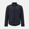 View 1 of product The Turnbull & Asser Battersea Navy Quilted Jacket features a versatile quilted design with a front zipper, zippered pockets, collared neckline, buttoned cuffs, and a subtle square pattern—perfect for the modern gentleman.