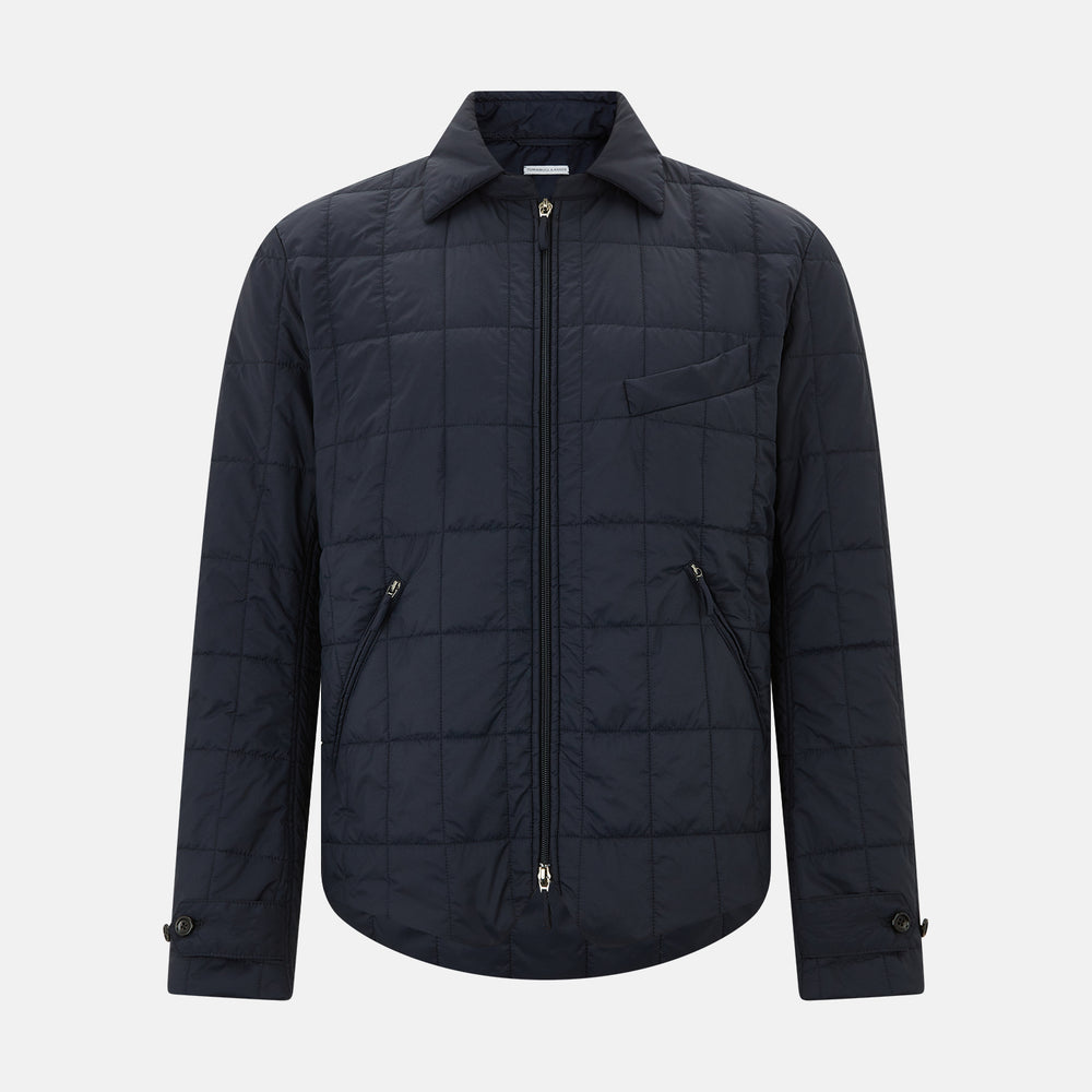 The Turnbull & Asser Battersea Navy Quilted Jacket features a versatile quilted design with a front zipper, zippered pockets, collared neckline, buttoned cuffs, and a subtle square pattern—perfect for the modern gentleman.