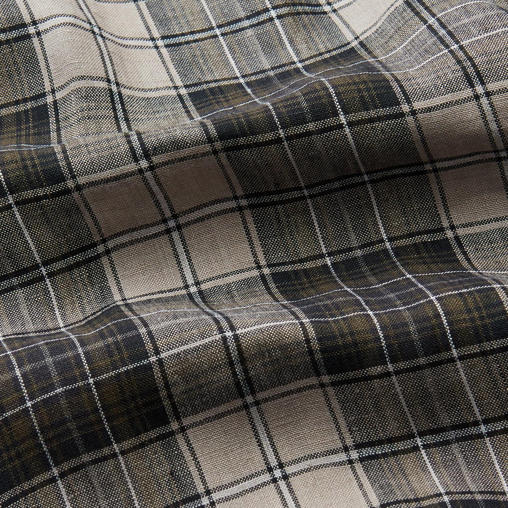The Brown Multi Check Linen Weekend Fit Unwin Shirt by Turnbull & Asser features a beige, brown, and black plaid pattern, stand collar, button-up front, long sleeves, and two buttoned chest pockets.