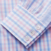 View 3 of product The Turnbull & Asser Red and Blue Multi Check Cotton RE-PURPOSE Mayfair shirt is a sustainable, long-sleeve button-up with a collar and cuffed sleeves, crafted from recycled fabrics and shown laid flat on a white background.