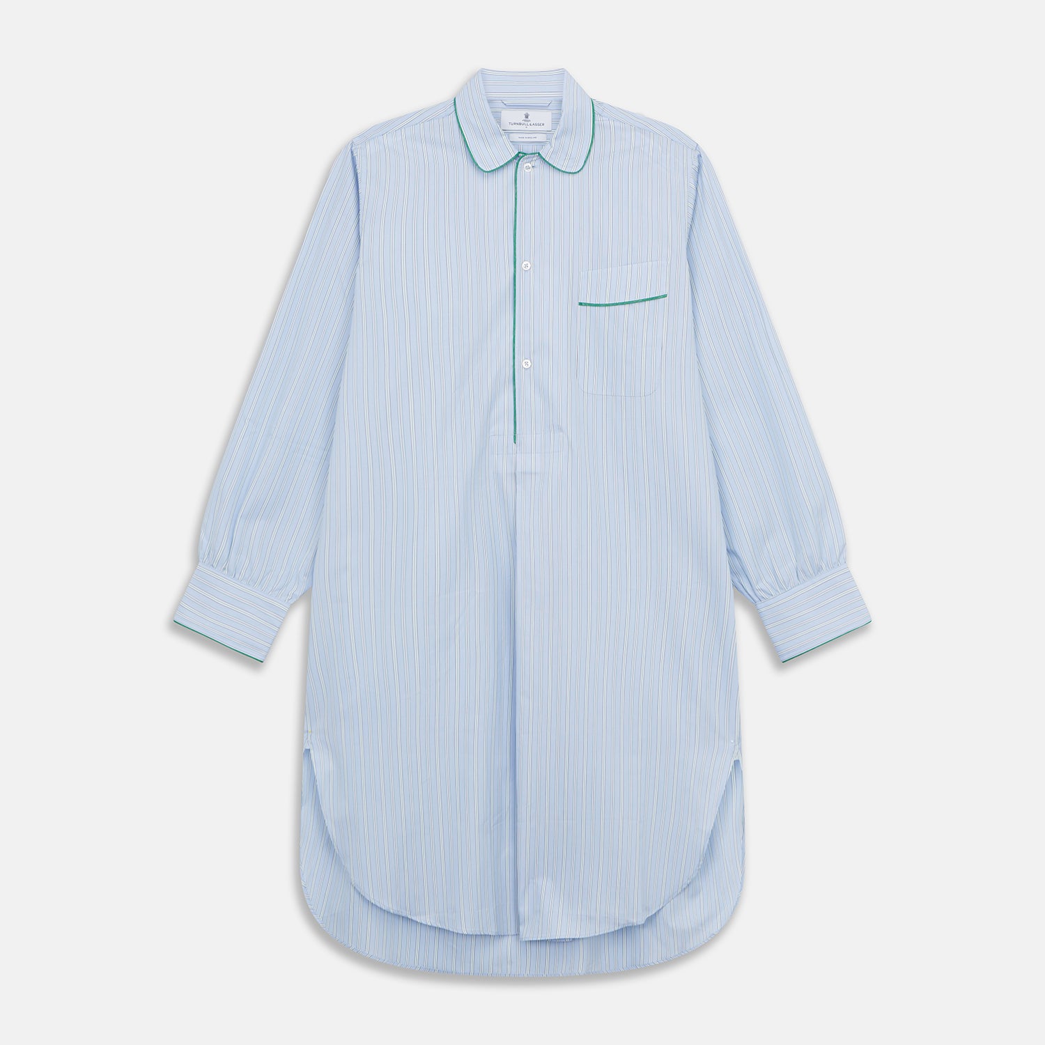 View 1 of product The Turnbull & Asser Blue and Green Stripe Poplin Cotton Nightshirt features long sleeves, a rounded hem, front pocket, green-trimmed collar and pocket, and front buttons—ideal men's nightwear for any season.