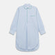 The Turnbull & Asser Blue and Green Stripe Poplin Cotton Nightshirt features long sleeves, a rounded hem, front pocket, green-trimmed collar and pocket, and front buttons—ideal men's nightwear for any season.