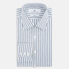 View 5 of product The Turnbull & Asser Blue Multi Wide Track Stripe Mayfair Shirt is a long-sleeve, button-up shirt with a classic collar and vertical blue and white stripes, shown on a white background.