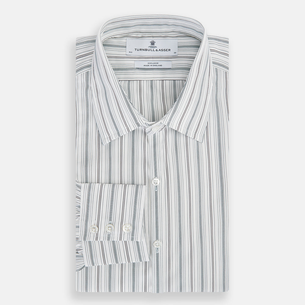 A Forest Green Multi Stripe Westminster Shirt by Turnbull & Asser, featuring thin green stripes on white and expert British craftsmanship, is neatly laid flat with visible cuffs.