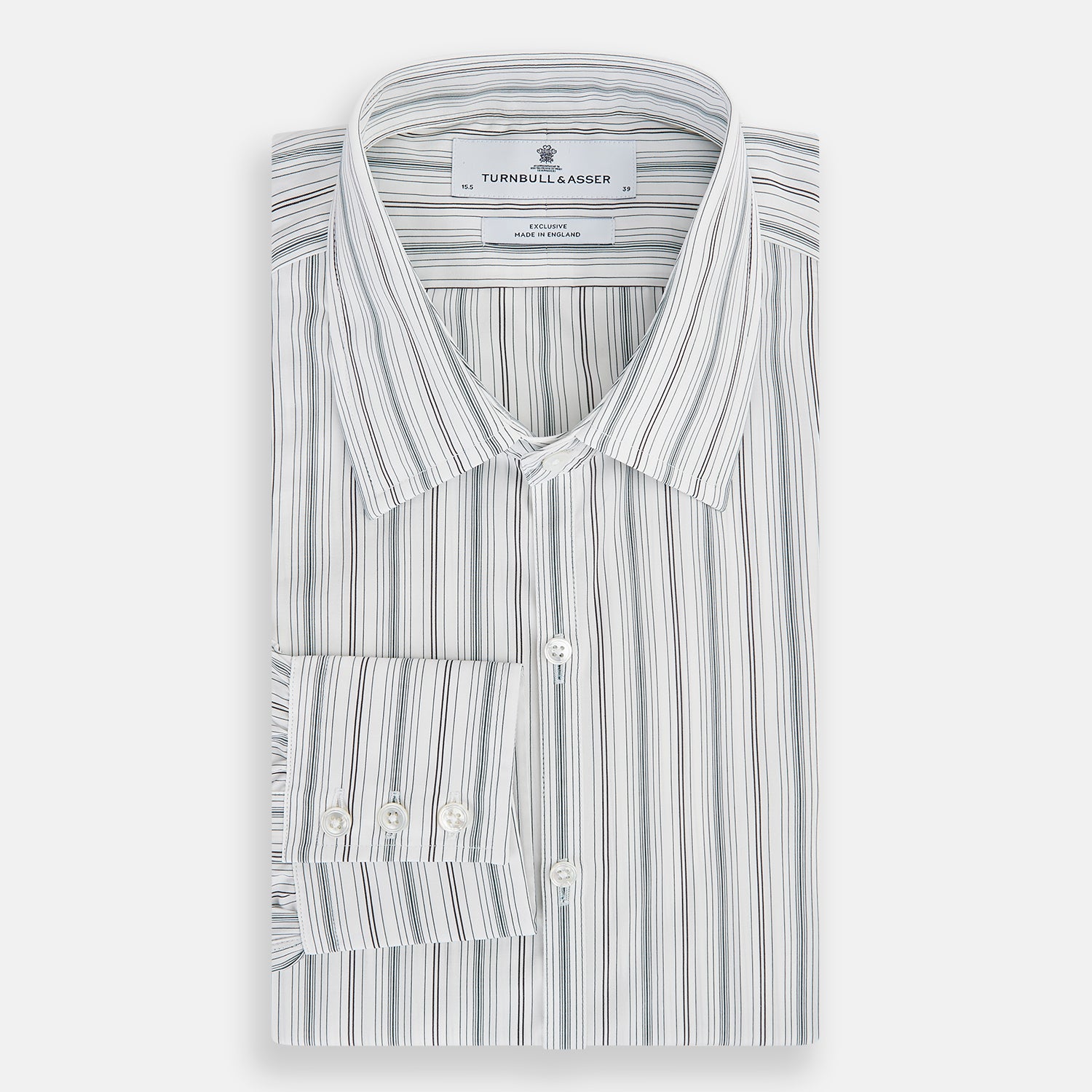 View 5 of product A Forest Green Multi Stripe Westminster Shirt by Turnbull & Asser, featuring thin green stripes on white and expert British craftsmanship, is neatly laid flat with visible cuffs.
