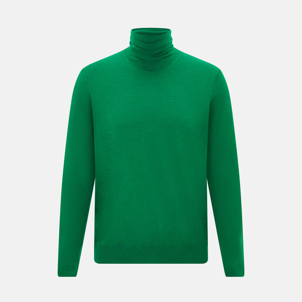The Turnbull & Asser Hunter Green Fine Merino High Neck Jumper features a classic long-sleeve turtleneck style, crafted from soft merino wool and displayed against a crisp white background.