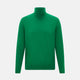 The Turnbull & Asser Hunter Green Fine Merino High Neck Jumper features a classic long-sleeve turtleneck style, crafted from soft merino wool and displayed against a crisp white background.