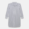 View 1 of product The Turnbull & Asser Navy Double Stripe Quarzo Nightshirt, a knee-length Italian cotton nightshirt with navy and white vertical stripes, collar, chest pocket, and button-down front, is displayed flat on a white background.