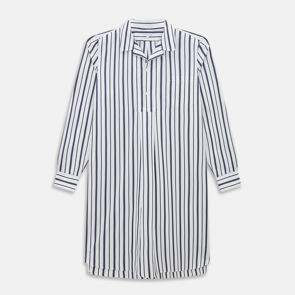 The Turnbull & Asser Navy Double Stripe Quarzo Nightshirt, a knee-length Italian cotton nightshirt with navy and white vertical stripes, collar, chest pocket, and button-down front, is displayed flat on a white background.