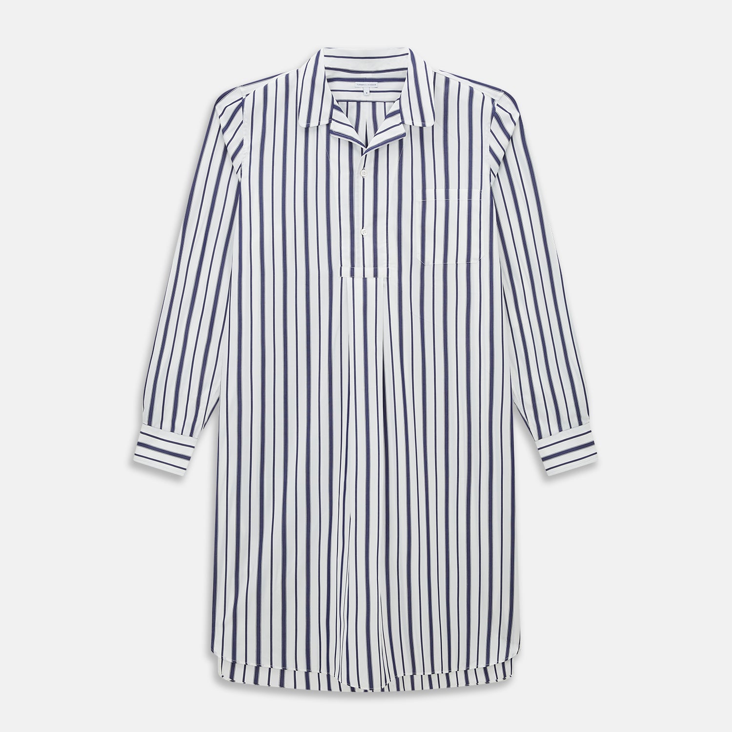 View 1 of product The Turnbull & Asser Navy Double Stripe Quarzo Nightshirt, a knee-length Italian cotton nightshirt with navy and white vertical stripes, collar, chest pocket, and button-down front, is displayed flat on a white background.