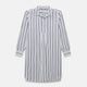The Turnbull & Asser Navy Double Stripe Quarzo Nightshirt, a knee-length Italian cotton nightshirt with navy and white vertical stripes, collar, chest pocket, and button-down front, is displayed flat on a white background.