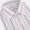 View 2 of product The Purple Multi Stripe Mayfair Shirt by Turnbull & Asser is a long-sleeve, collared button-up featuring vertical blue and purple stripes on white, ideal for formal occasions. The shirt is neatly displayed flat against a white background.