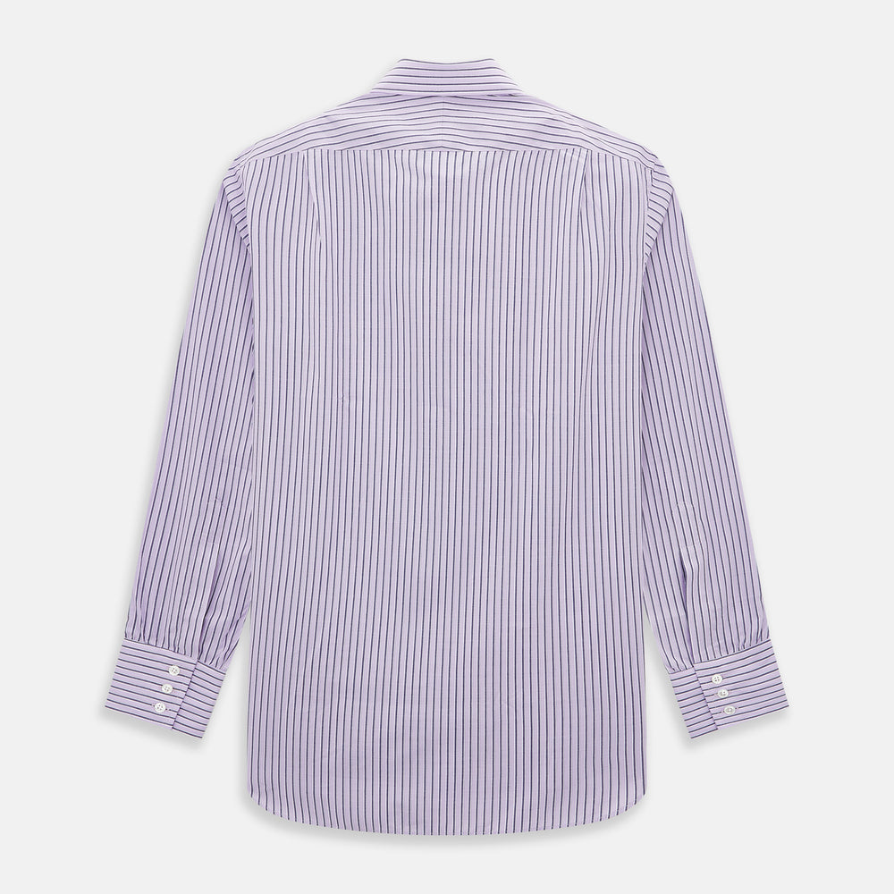 The Turnbull & Asser Lilac Ticking Stripe Mayfair Shirt in Italian cotton features long sleeves, a classic collar and cuffs, and is shown on a white background.