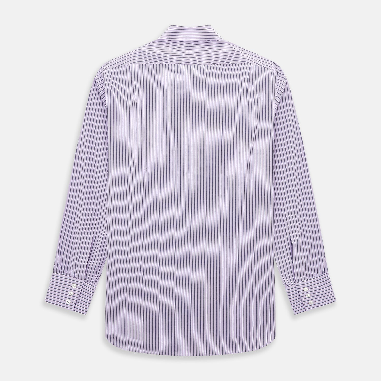 View 3 of product The Turnbull & Asser Lilac Ticking Stripe Mayfair Shirt in Italian cotton features long sleeves, a classic collar and cuffs, and is shown on a white background.
