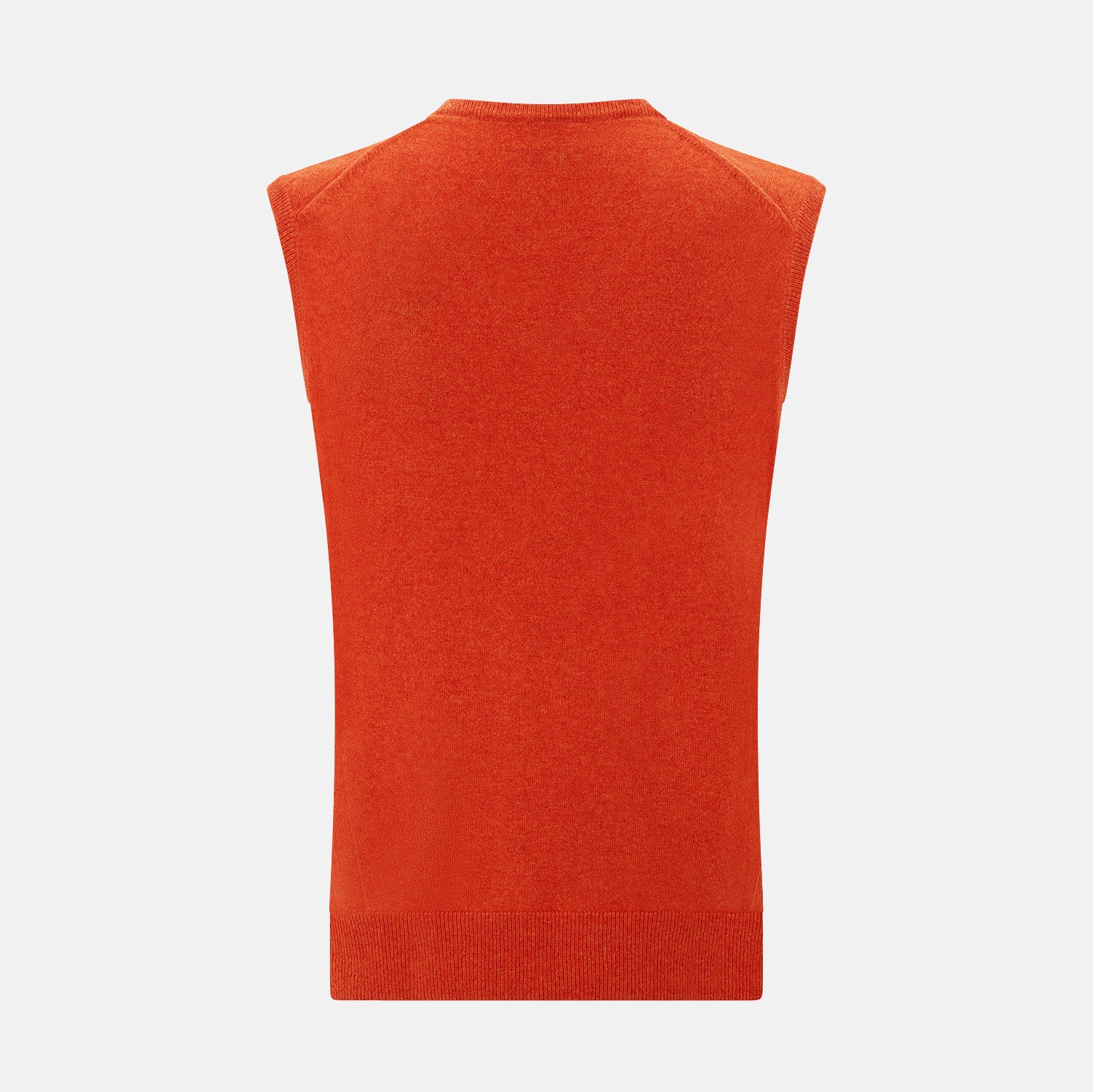 View 3 of product The Turnbull & Asser Red Orange Cashmere Sleeveless Vest with a V-neck, ribbed hem, and minimalist design is showcased against a white background—ideal for the refined gentleman.