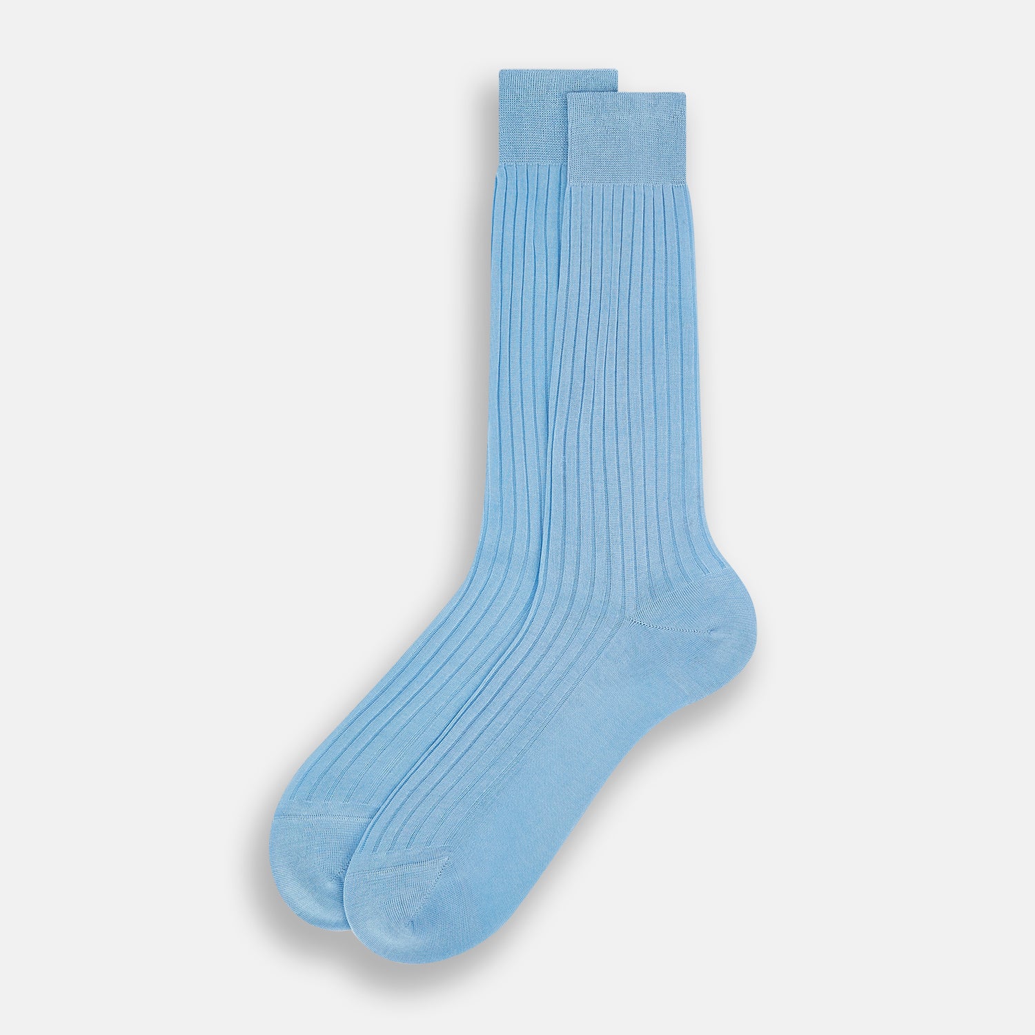 View 2 of product A single Turnbull & Asser Pale Blue Mid-Length Sock, made from Egyptian cotton with a ribbed texture, is displayed upright against a plain white background.